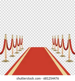 Red carpet with red ropes on golden stanchions. Exclusive event, movie premiere, gala, ceremony, awards concept. Blank template illustration with space for an object, person, logo, text.