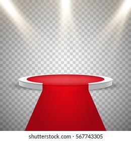 Red carpet and round podium with lights effect, abstract background, vector