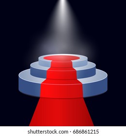 Red carpet and round podium with lights effect on dark blue background. vector abstract illustration.