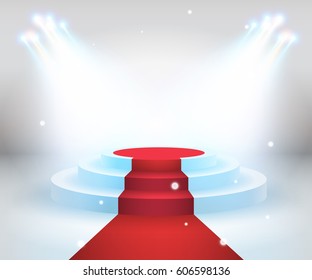Red carpet with round podium. Pedestal or platform, illuminated by spotlights. Stage with scenic lights. EPS 10 vector illustration
