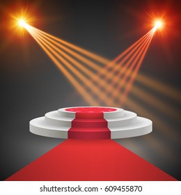 Red carpet with round podium. Pedestal or platform, illuminated by spotlights. Stage with scenic lights. EPS 10 vector illustration.