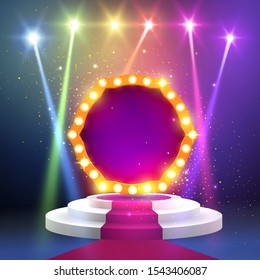 Red carpet with a round podium and retro frame illuminated by spotlights. Stage with scenic lights. Show invitation concept. Stage podium with ceremonial red carpet. EPS 10 vector illustration.