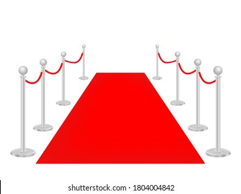 Red carpet with silvery barriers for event or party. Grand opening. VIP ceremony celebration design for celebrity. 