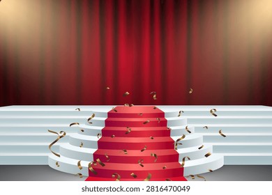 Red carpet stage with white steps and falling golden confetti against a red curtain background