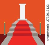 Red carpet staircase leading to a white pillar on an orange background