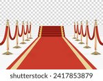 Red carpet with stairs, podium, red ropes and golden stanchions. Vector illustration.