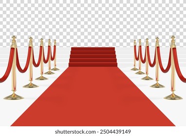 Alfombra roja con escaleras, podio, cuerdas rojas y puntales dorados. Ilustración vectorial.