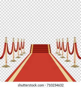 Red carpet with stairs, podium, red ropes, golden stanchions. Exclusive event, movie premiere, gala, ceremony, award concept. Blank template illustration with space for an object, person, logo or text