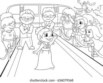 Red carpet with star, fans and paparazzi coloring book for children cartoon vector illustration. Black and white