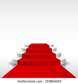 Red carpet with steps on a light background. Vector illustration of a pedestal.