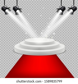 Red carpet and white podium. Award stage with projector lighting isolated vector realistic background
