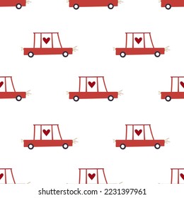 Red cars with hearts. Cute seamless pattern. St. Valentine days design