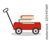 Red cart full of books, vector illustration