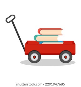 Red cart full of books, vector illustration