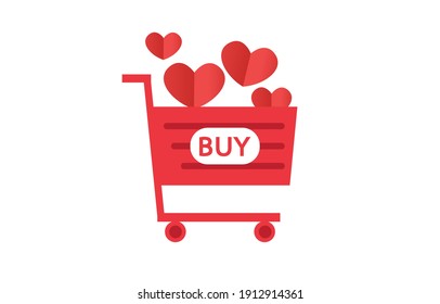 Un carrito rojo lleno de corazones. tiene palabras para comprar en el carrito de la compra. Diseño para ilustración, compras en línea, aplicación móvil, web, cupón, símbolo, banner. Compra productos para un amante.