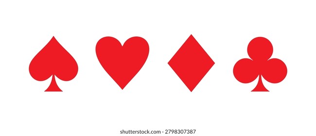 Conjunto de iconos de traje de Carrito rojo Clubes Diamantes Corazones Espadas Iconos de silueta Tarjetas de logotipo para juegos de póquer, juegos de azar, Elementos gráficos de máquinas tragamonedas de casino de apuestas, Juegos de Tablero. Ilustración vectorial aislada