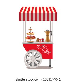 Red cart with wheels and striped canopy with fast food. Coffee, coffee maker with paper cups and cakes. Isolated icons. Vector illustration.


