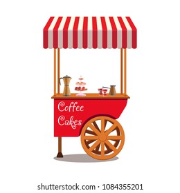 Red cart with wheels and striped canopy with fast food. Coffee, coffee maker with paper cups and cakes. Isolated icons. Vector illustration.


