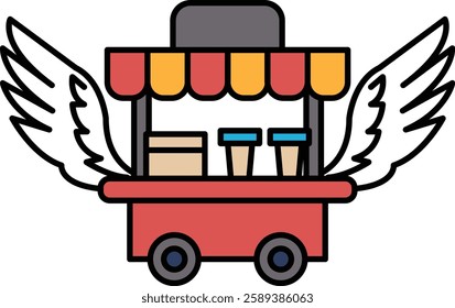 A red cart with wings on it. The wings are white