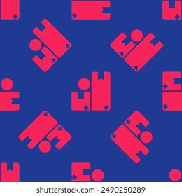 Red Carton cardboard box icon isolated seamless pattern on blue background. Box, package, parcel sign. Delivery and packaging.  Vector