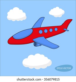 Red cartoon aircraft in clouds on blue background - isolated vector illustration