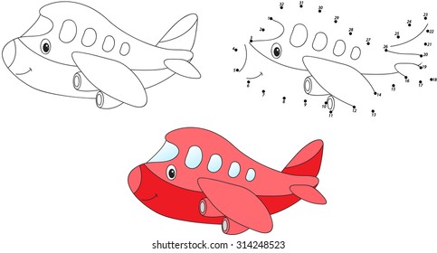 Red cartoon aircraft. Vector illustration. Coloring and dot to dot educational game for kids