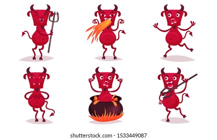 Red cartoon angry horned devil. Vector illustration.