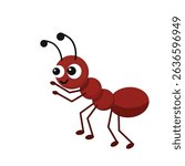 Red cartoon ant with big eyes and six legs, smiling cheerfully. Simple flat vector perfect for children’s projects, books, or bug-themed designs