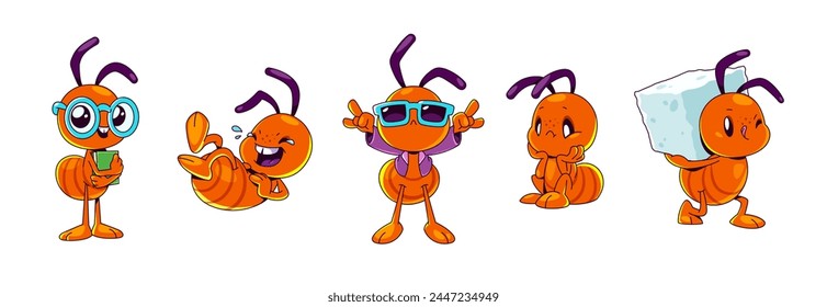 Red cartoon ant character. Cute isolated insect illustration. Funny bug holding sugar cube in hands, laugh, happy dance and sitting sad. Childish termite mascot emotion and mood expression set.