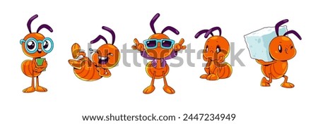Red cartoon ant character. Cute isolated insect illustration. Funny bug holding sugar cube in hands, laugh, happy dance and sitting sad. Childish termite mascot emotion and mood expression set.