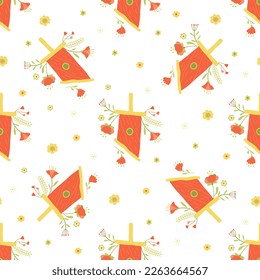 Red cartoon birdhouses and flowers around on white background. Spring Easter seamless pattern