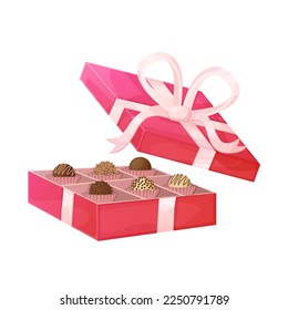 Red cartoon box of chocolates. Truffle confection, valentine gift concept. Stock vector illustration isolated on white background in realistoc style.