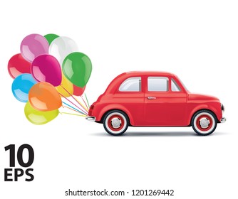 Red cartoon car with bunch of balloons isolated on white. Realistic vector 3d illustration