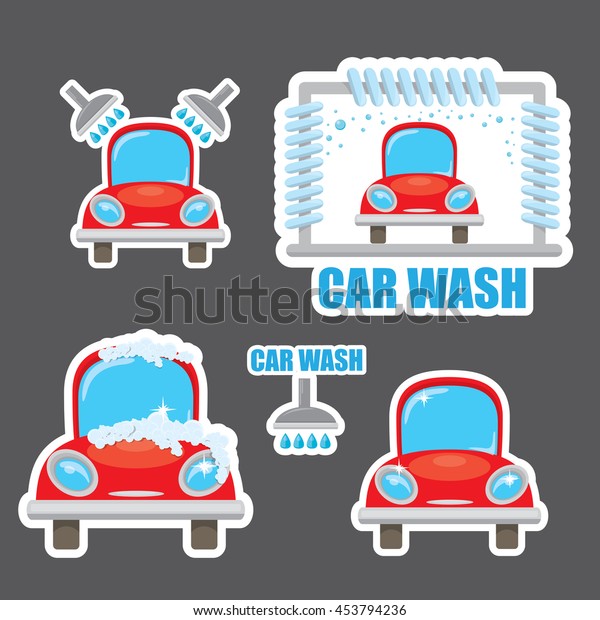 Red cartoon Car wash icons\
set. vector car wash sticker collection. vector car wash logo\
template
