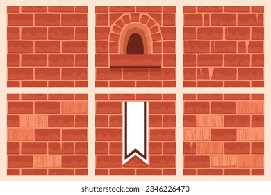 Red Cartoon Castle Wall Collection, Set Seamless Block Texture Tiles. Assets Brick Textures, Windows and Flags, Construction Blocks Seamless Background Collection for Game, Web Design, Textile, Prints