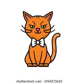 Caricatura roja, personaje de gato con corbata de arco aislado, ilustración vectorial para el Día del Tazón.