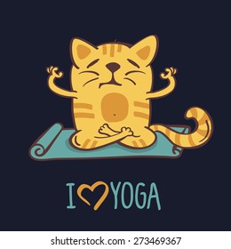 Red cartoon cat on blue mat in yoga position. Vector illustration isolated on black background. T-shirt print design.