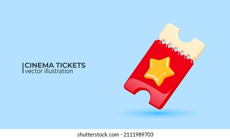 Red Cartoon Cinema vector ticket on blue background. Realistic 3d design. Trendy yellow and blue colors. Design in cartoon style. Vector illustration