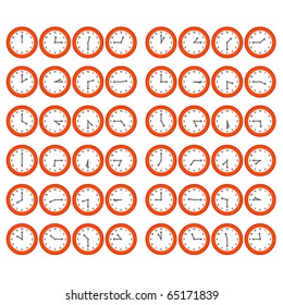 Red Cartoon Clocks Showing Twelve Hours at Fifteen-Minute Intervals (Vector)