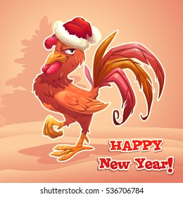 Red cartoon cock wearing Santa's hat. Symbol of the year. New Year greeting card template with comic rooster