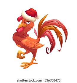Red cartoon cock wearing Santa's hat. Symbol of the year. Vector illustration, isolated icon on white