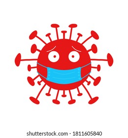 Red cartoon coronavirus bacteria with blue face mask. Isolated on white background. Vector stock illustration.