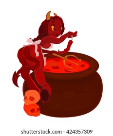 Red Cartoon Devil Girl Cooking Hot Chili Sauce