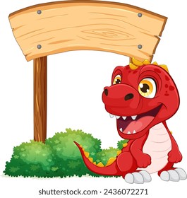 Red cartoon dinosaur smiling beside a blank sign