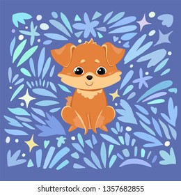 Red cartoon dog sits and smiles. Color image of a pet on blue background with patterns. Vector illustration for design, print on t-shirt, bag, notebook, card.