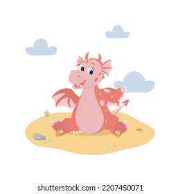 Red cartoon dragon sitting on sand. Cute character in flat style. Vector illustration on white background with clouds.