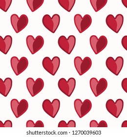 Red cartoon drawing of 2 hearts in red entwined. Hand drawn seamless vector pattern. All over print with cute kawaii style party confetti. St Valentines Day, weddings, love birthday background.