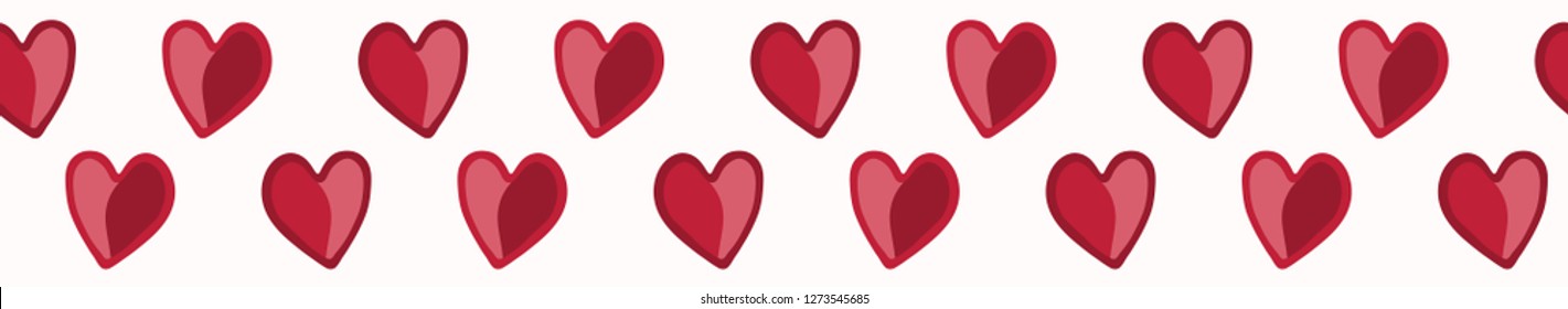 Red cartoon drawing of 2 hearts in red entwined. Hand drawn seamless vector border. All over print with cute kawaii style party confetti. St Valentines Day, weddings banner, love birthday ribbon.