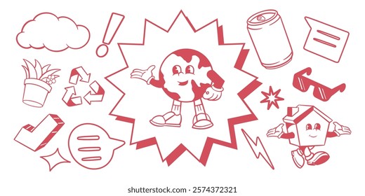 Red cartoon Earth character with smiling face, surrounded by recycling symbols, speech bubbles, and a house character. Fun, eco-friendly, and playful design. Cute cartoon elements, vector set.