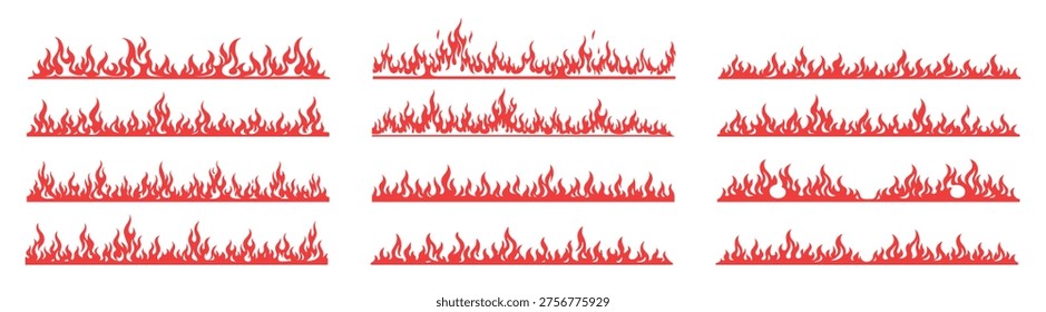 Red cartoon fire flame seamless borders and blazing frame elements vector set isolated on transparent background